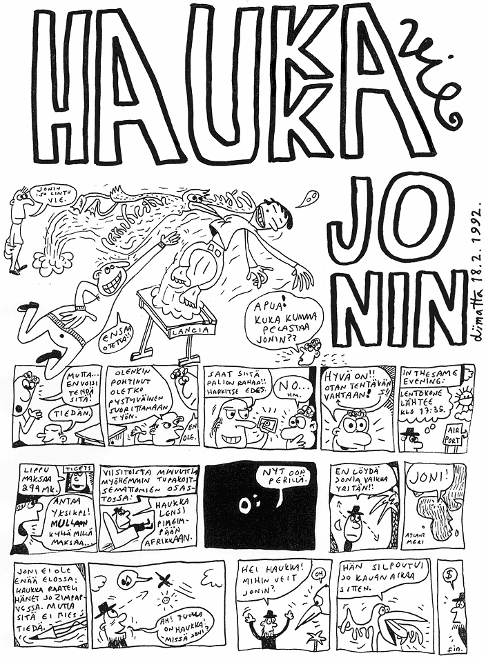 [Sarjakuvan "Haukka vie Jonin" (&copy; Tommi Liimatta 1992) ensimm�inen sivu]